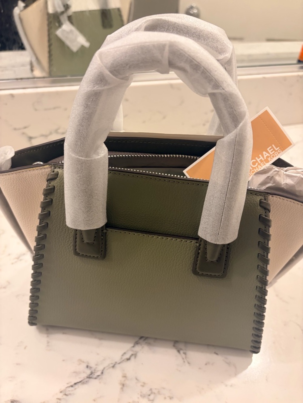 Michael Kors Olive Green and Cream Leather Tote with Whipstitch Detail - Picture 4 of 5
